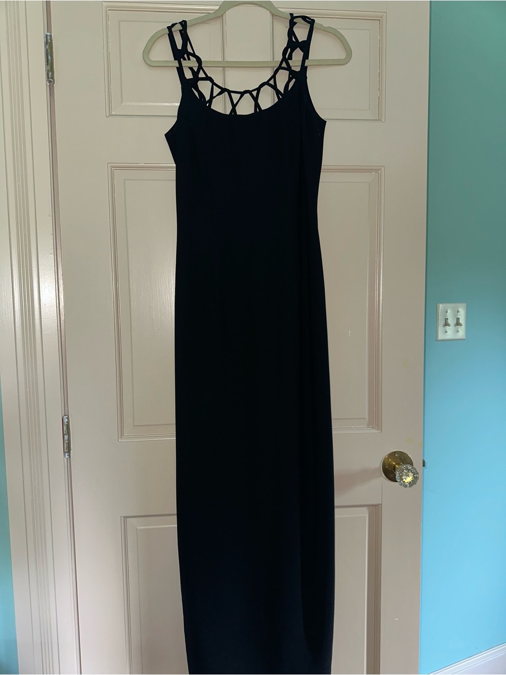 Sleeveless Black Maxi Dress with Lattice-Strap Neckline